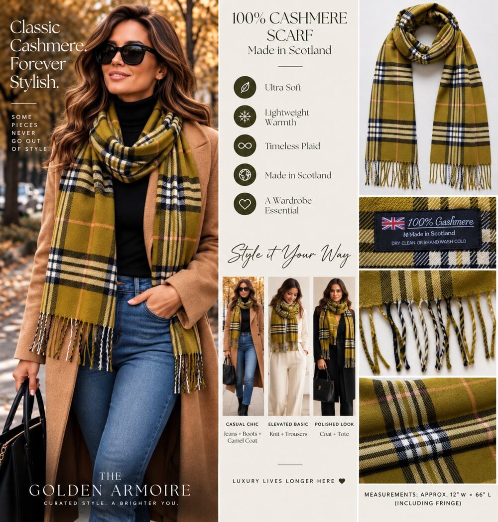 100% Cashmere Plaid Scarf Made in Scotland Olive Green 66" Fringe